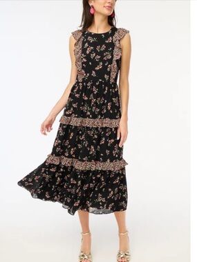 J. Crew Black Floral Ruffled Midi Dress
